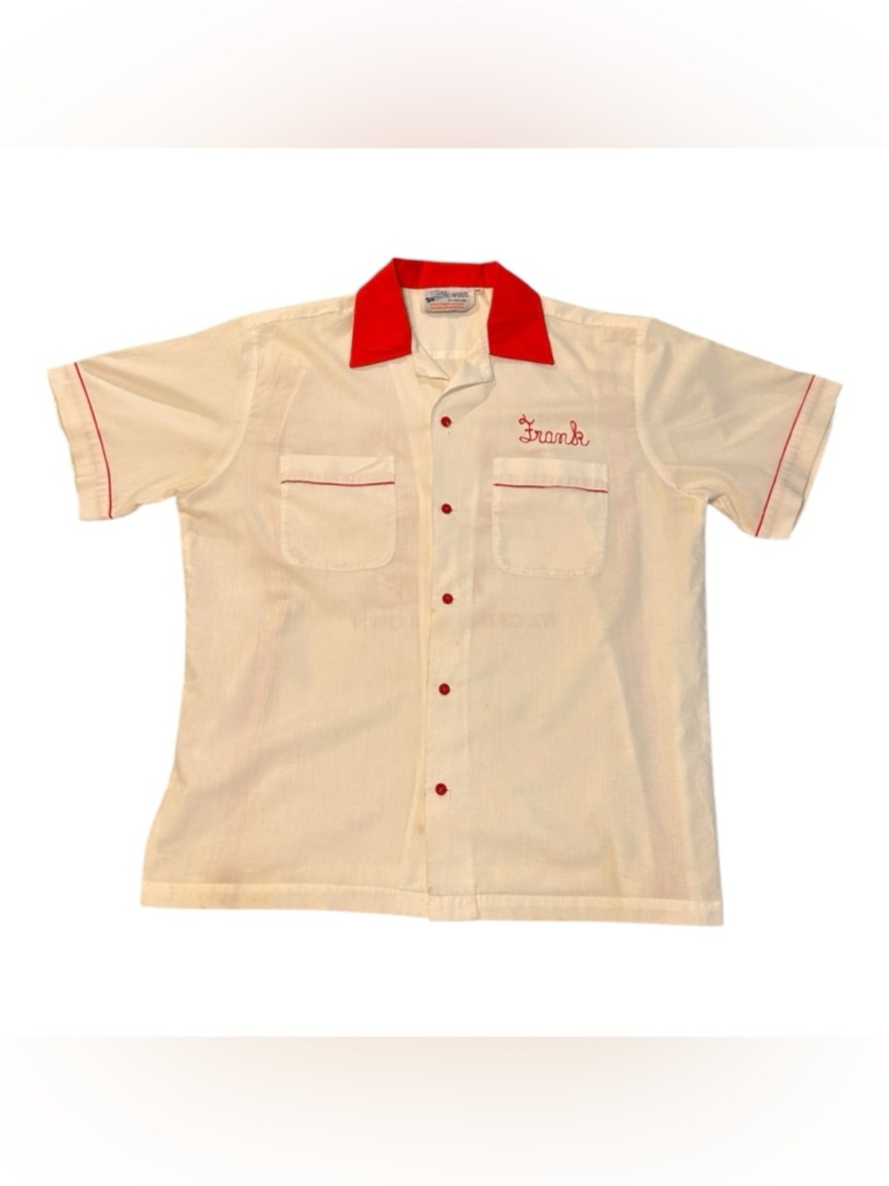 Men's Cream Short-Sleeve Bowling Shirt with Red Contrast Collar